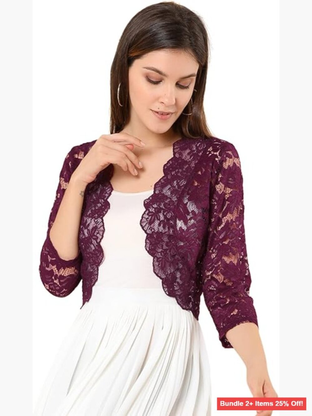 Elegant 3/4 Sleeve Sheer Floral Lace Shrug Top Lightweight Regular Fit